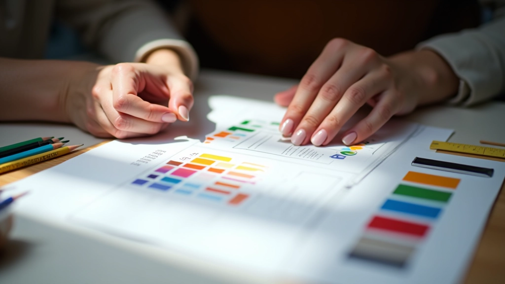 Grafický design ukazující barevné vrstvy a textové animace, paleta barev a CSS properties, designérský pracovní stůl se skicami