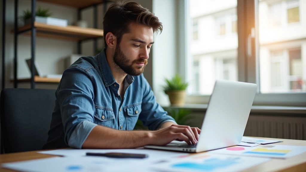 Tomáš Kučera pracující u stolu s notebookem a designovými skicami, moderní kancelářské prostředí s teplým osvětlením