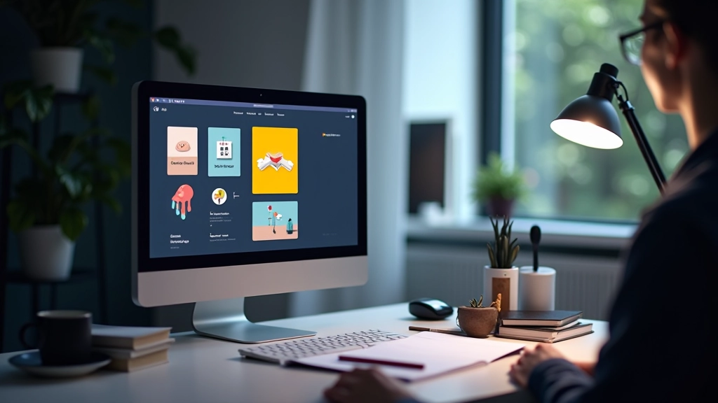 Profesionální pracovní plocha s animovanými kartami a hover efekty viditelné na monitoru