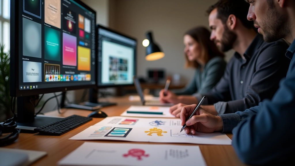 Tým designérů pracující na animacích karet v moderním studiu